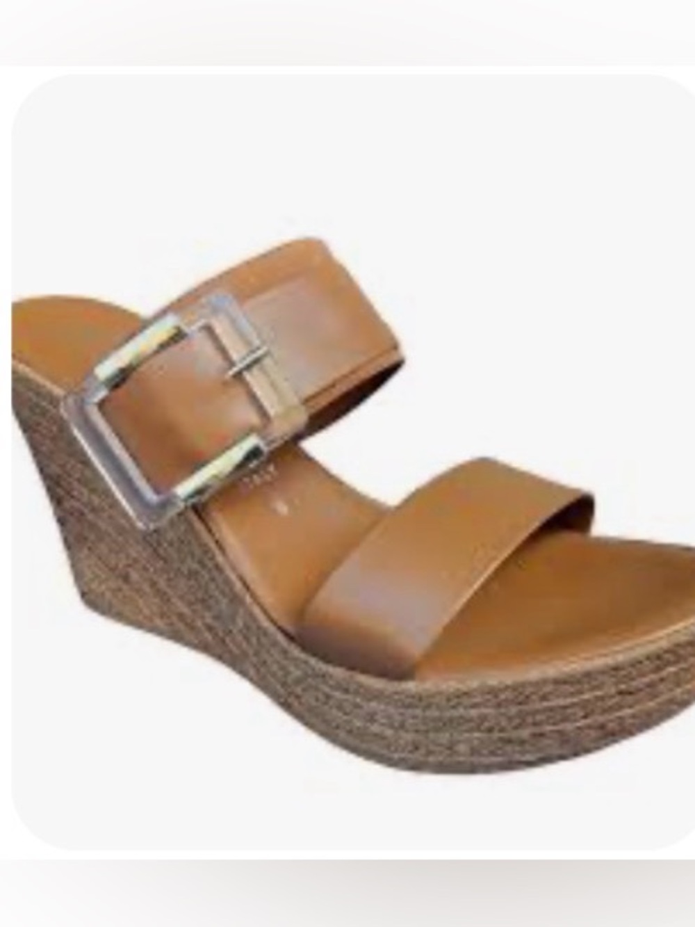 Italian Shoemakers Tan Leather Wedge Sandals with Clear Buckle - Picture 2 of 11